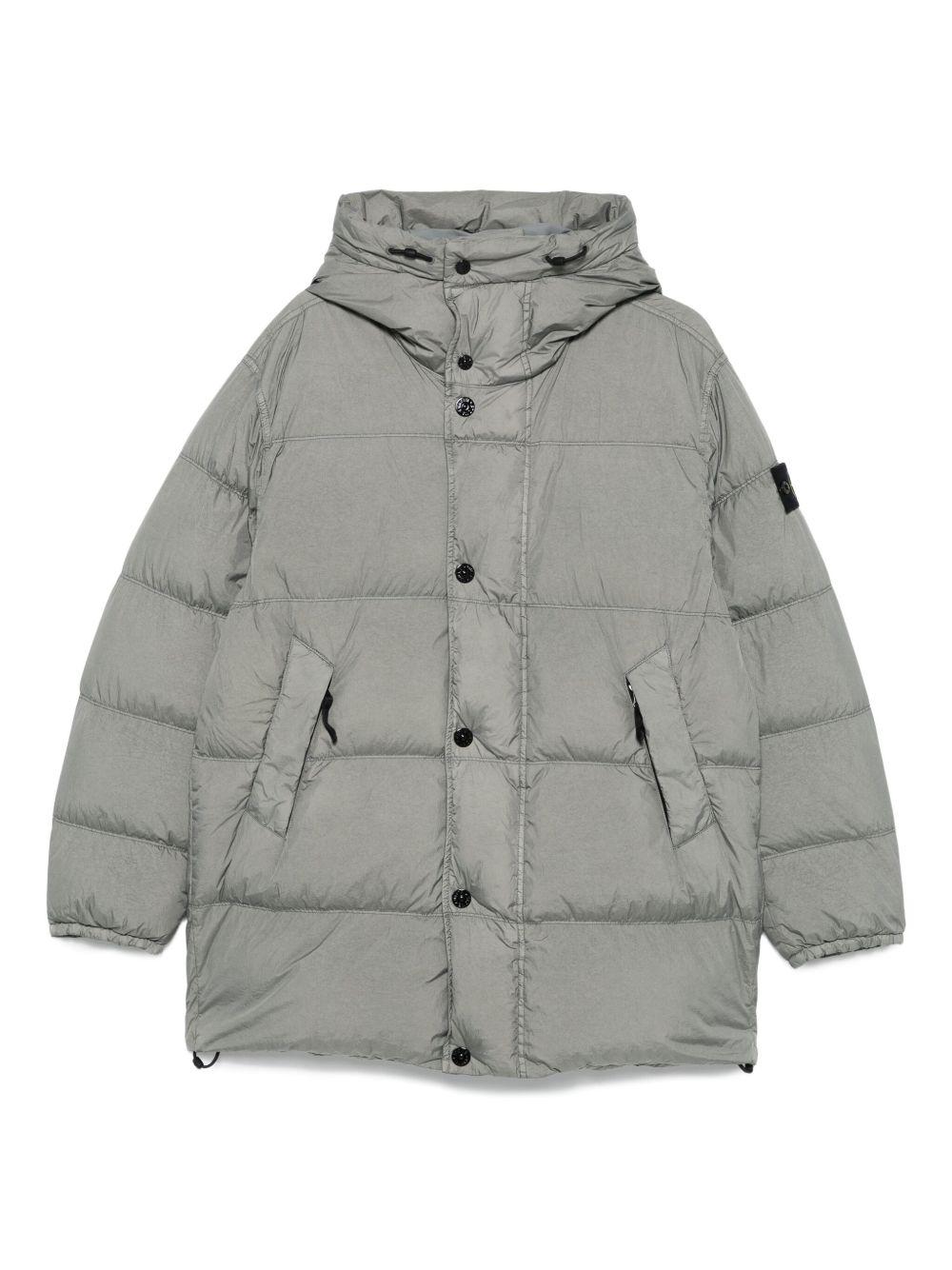 Cappotto grigio con cappuccio e coulisse in vita 