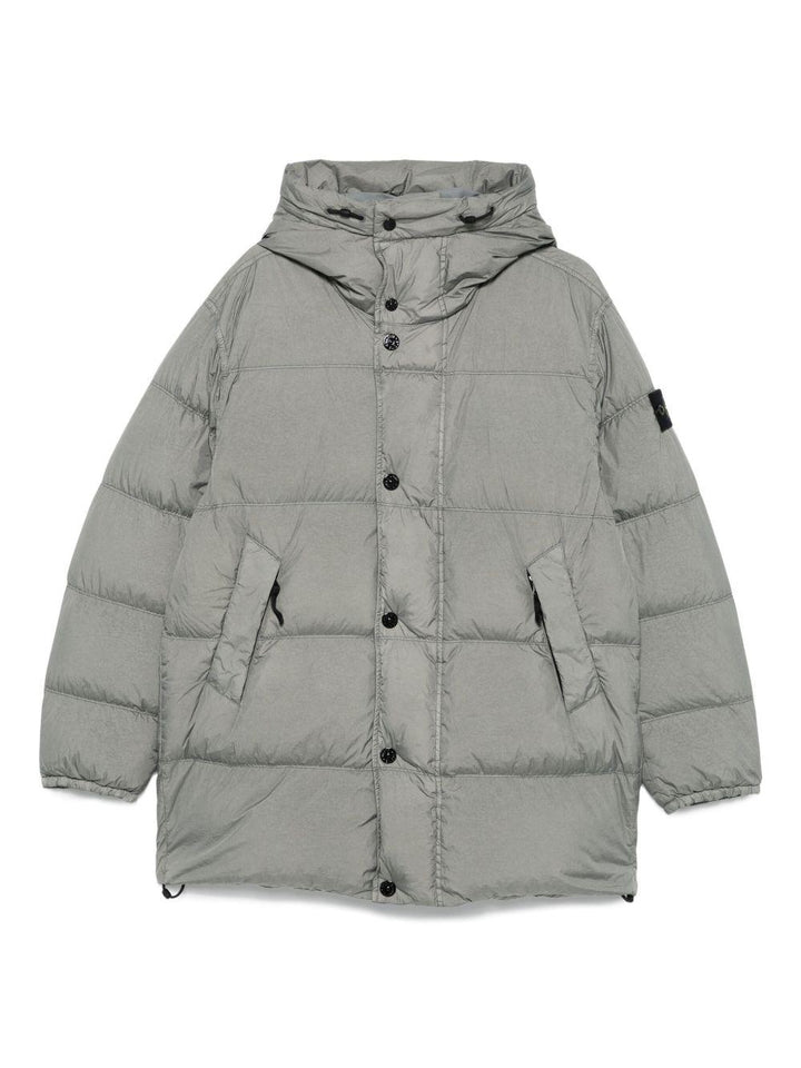 Cappotto grigio con cappuccio e coulisse in vita 