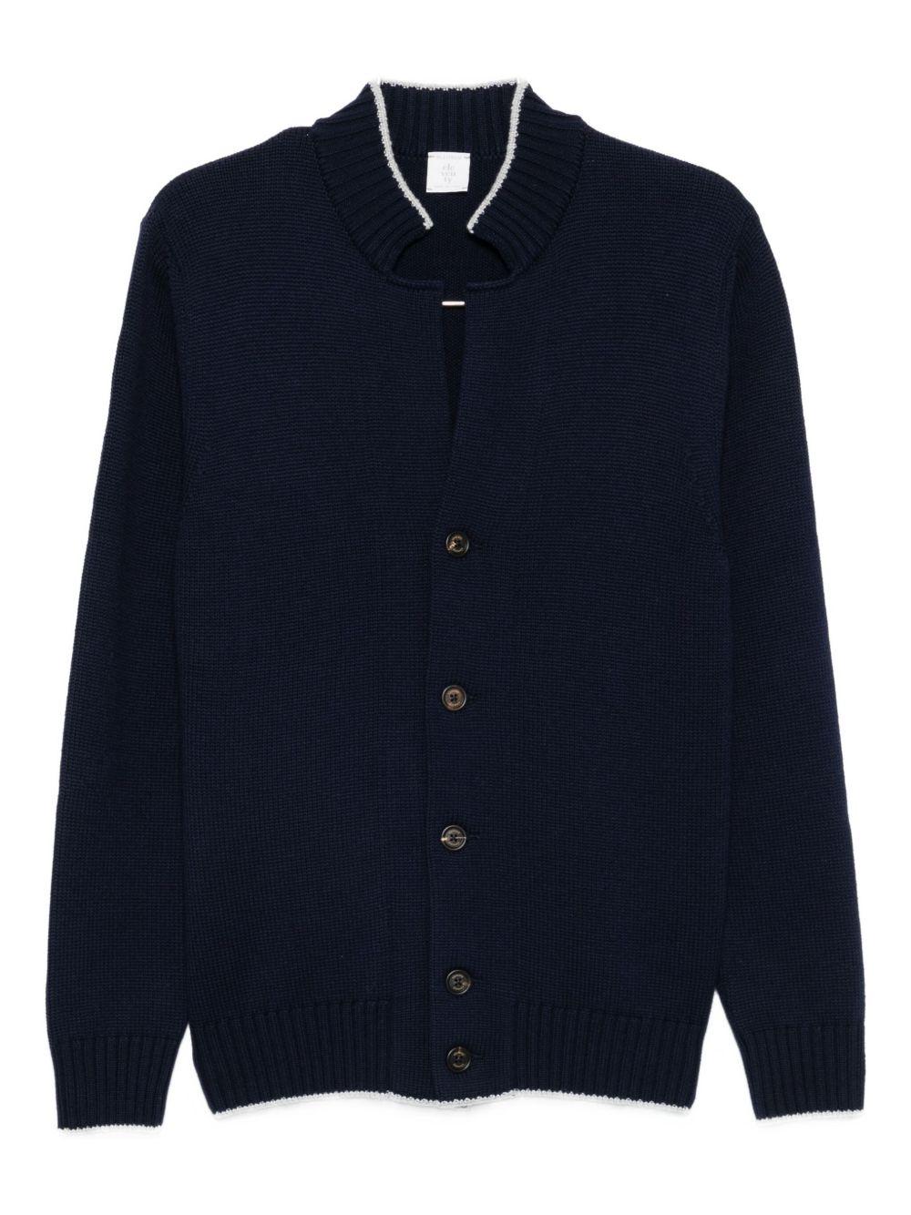 Cardigan blu navy a coste con bottoni e collo alto 