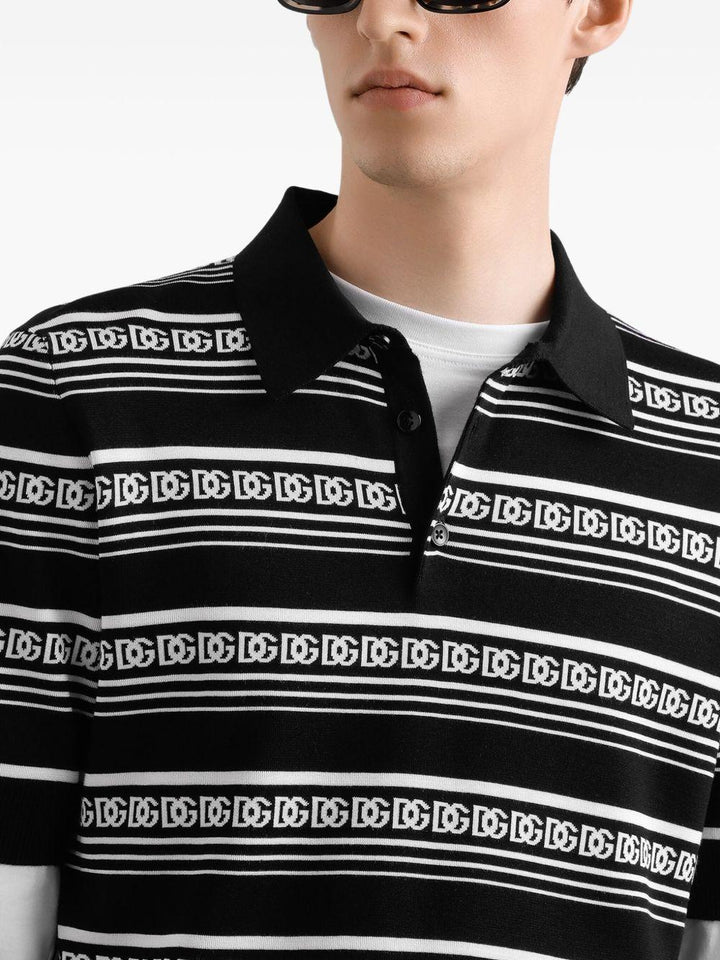 Polo nera in seta con logo all-over 