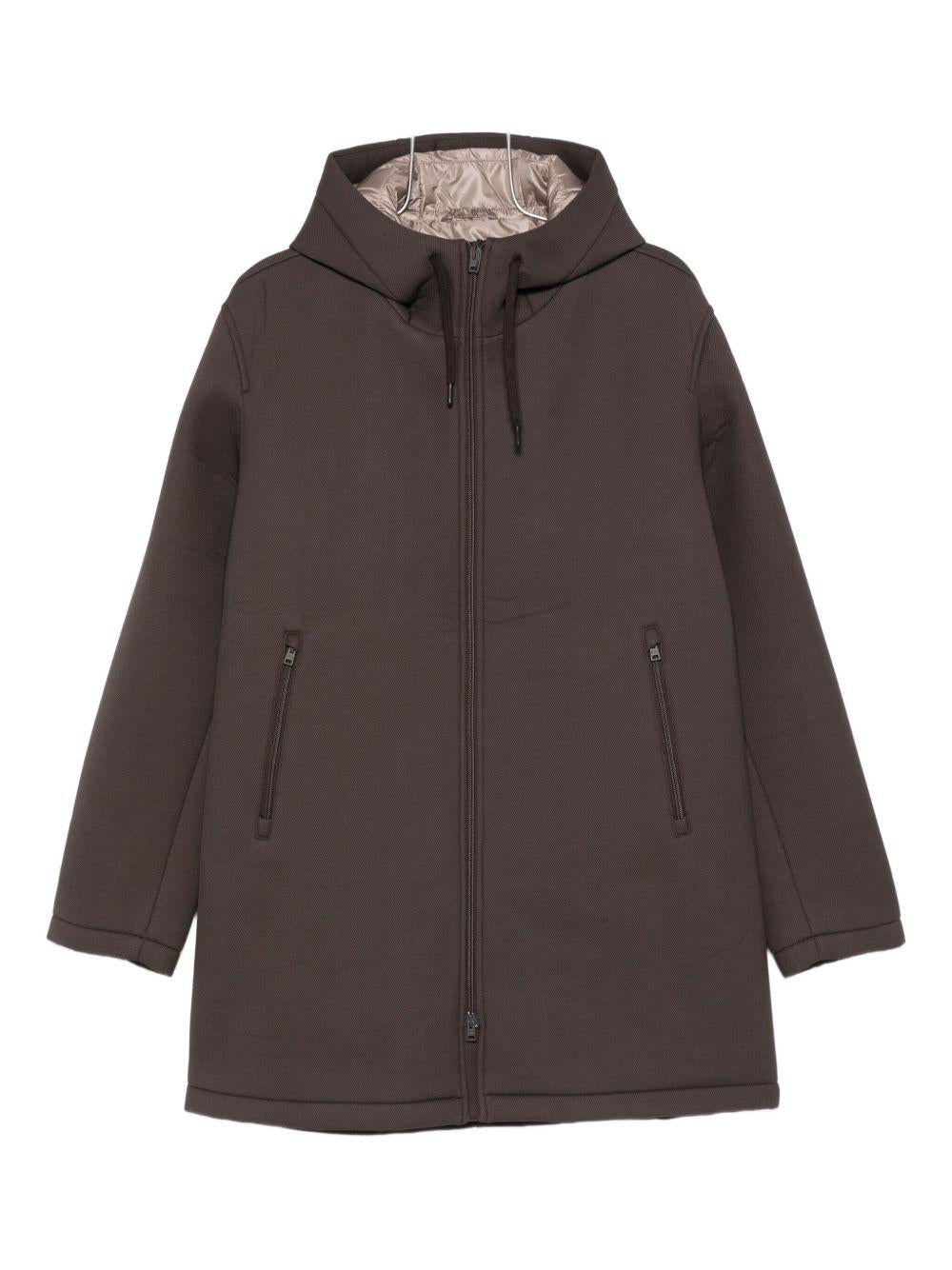 Cappotto marrone con zip e cappuccio 