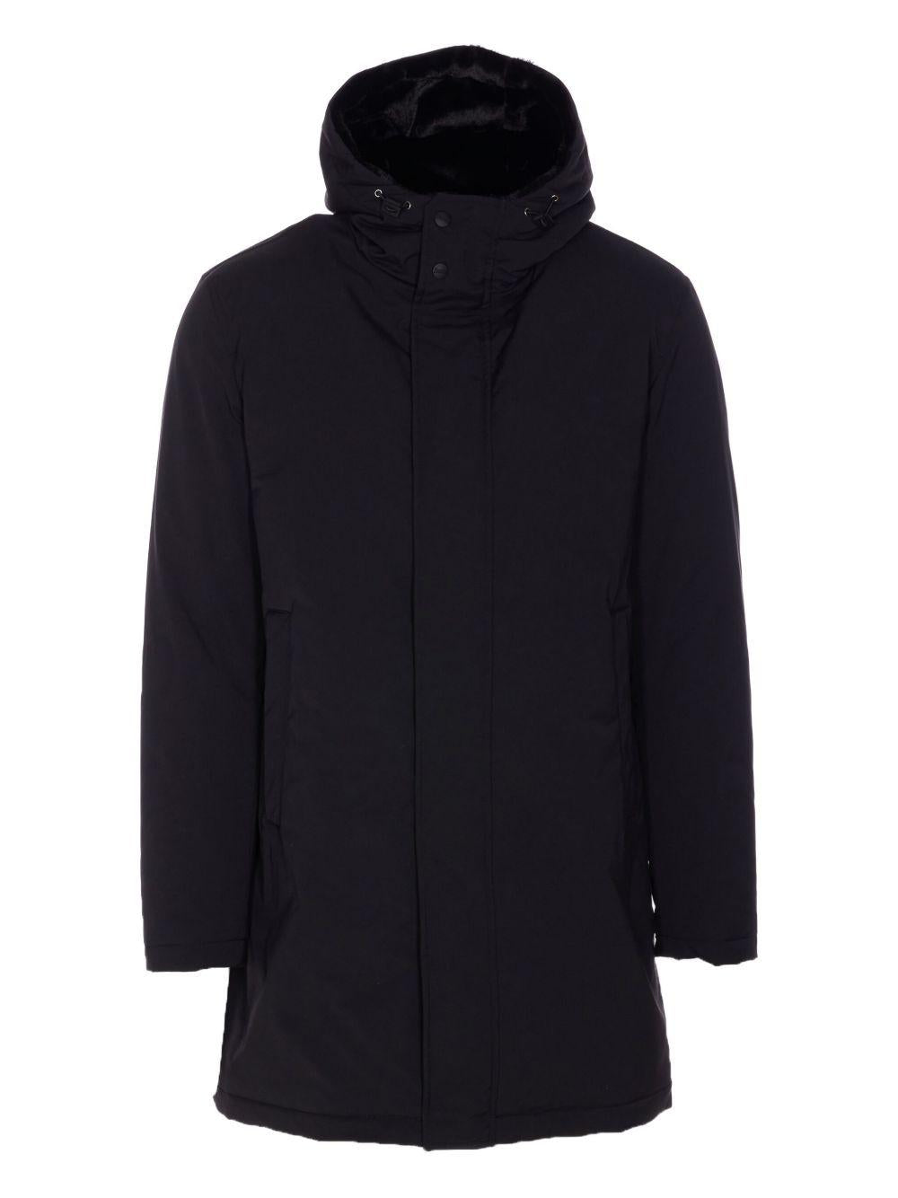 Parka nero con cappuccio e fodera in pelliccia sintetica 