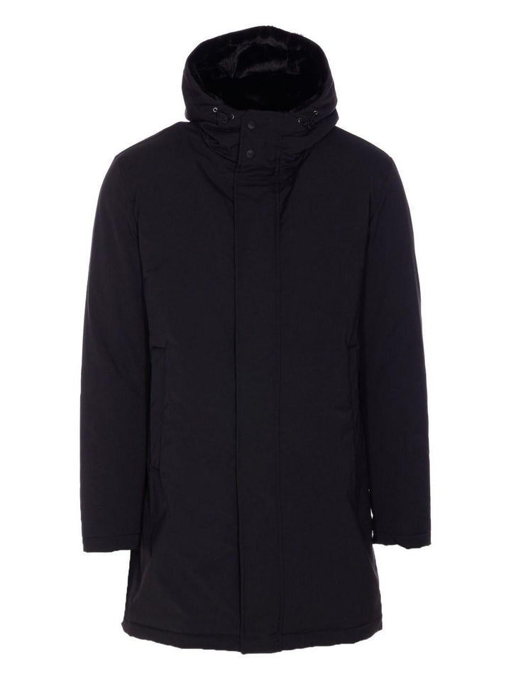 Parka nero con cappuccio e fodera in pelliccia sintetica 