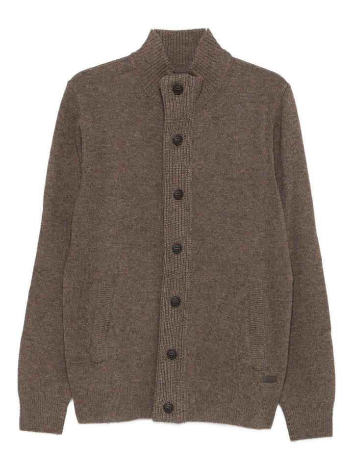 Cardigan marrone a collo alto in lana 