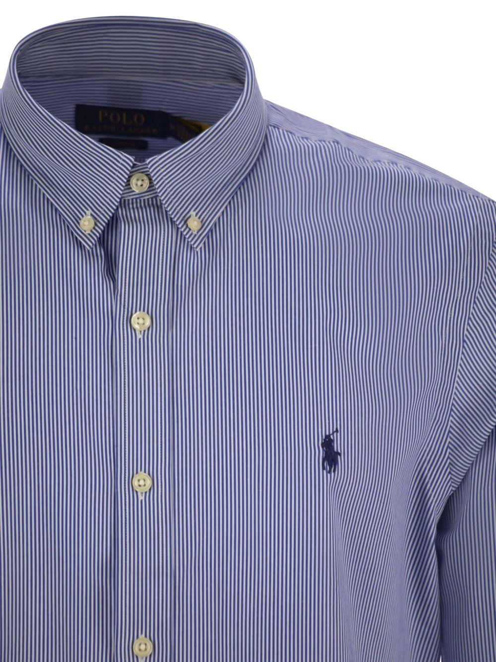 Camicia blu/bianco a righe con logo Polo Pony 