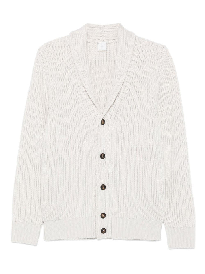 Cardigan beige con scollo a scialle e abbottonatura frontale