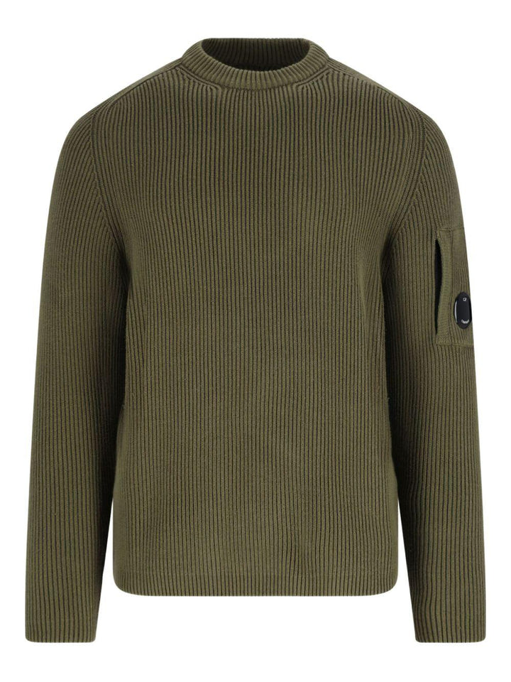 Maglione verde oliva girocollo a coste con tasca Lens