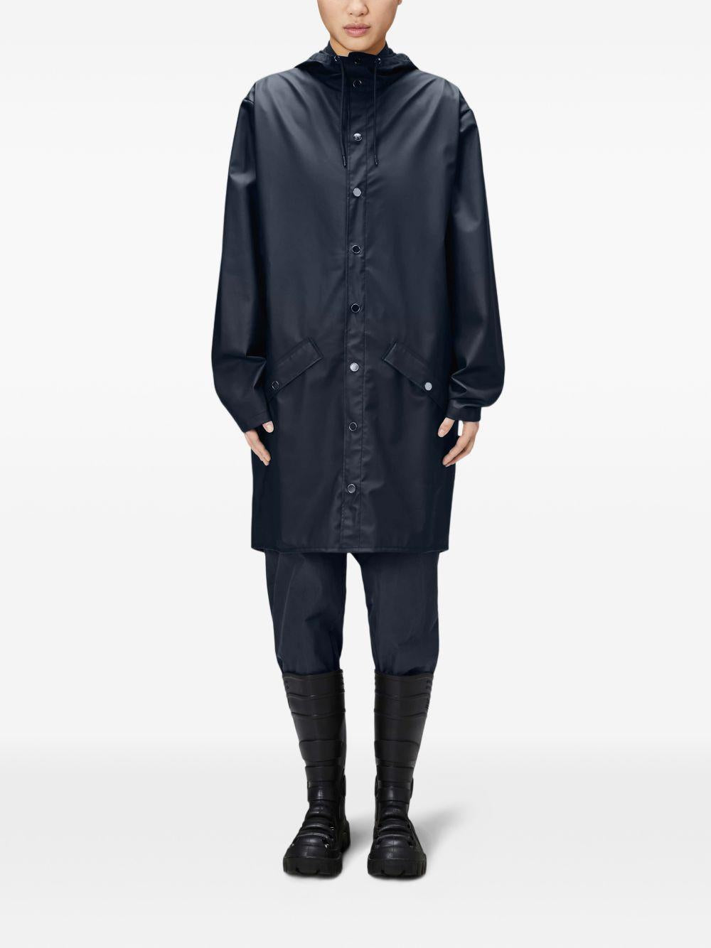 Impermeabile blu navy con cappuccio e coulisse 
