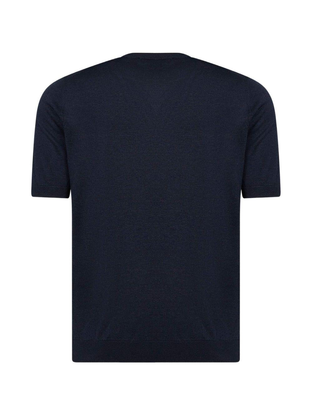 T-shirt blu in seta con finiture a coste 