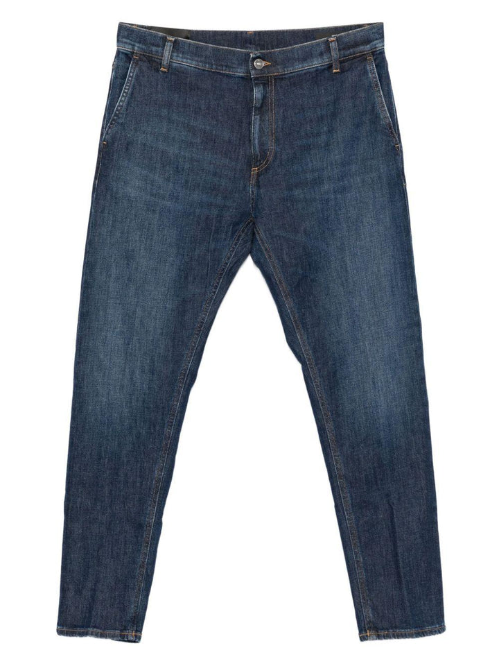 Jeans blu in cotone con cinque tasche e lavaggio scuro 
