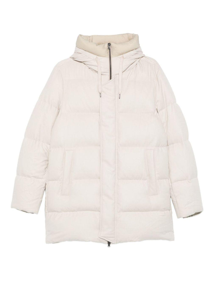 Cappotto trapuntato beige con cappuccio 