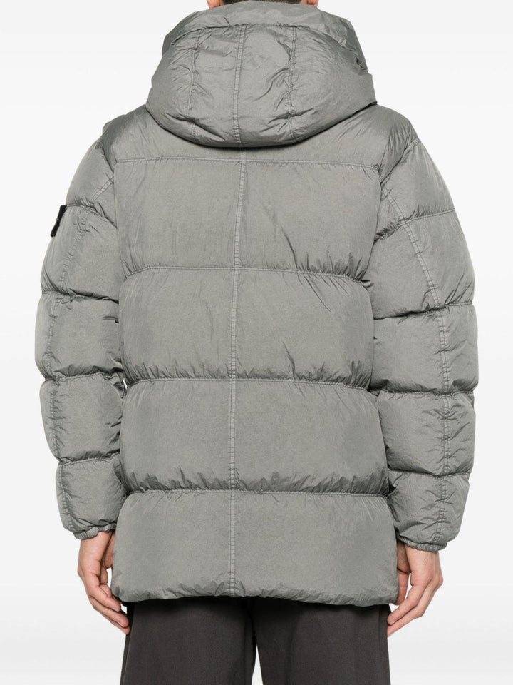 Cappotto grigio con cappuccio e coulisse in vita 