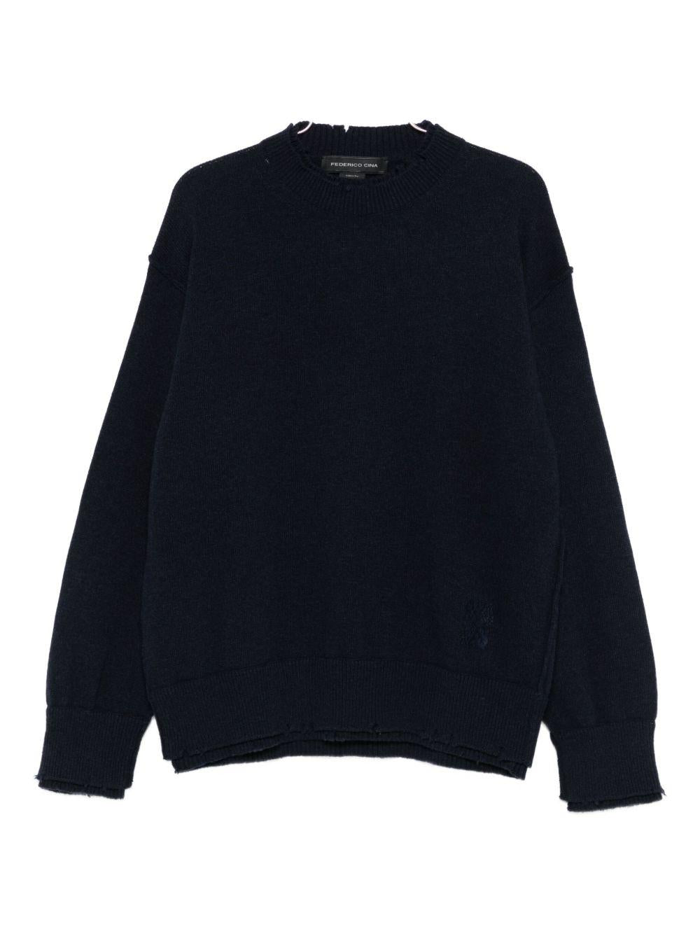 Maglione blu girocollo effetto vissuto 