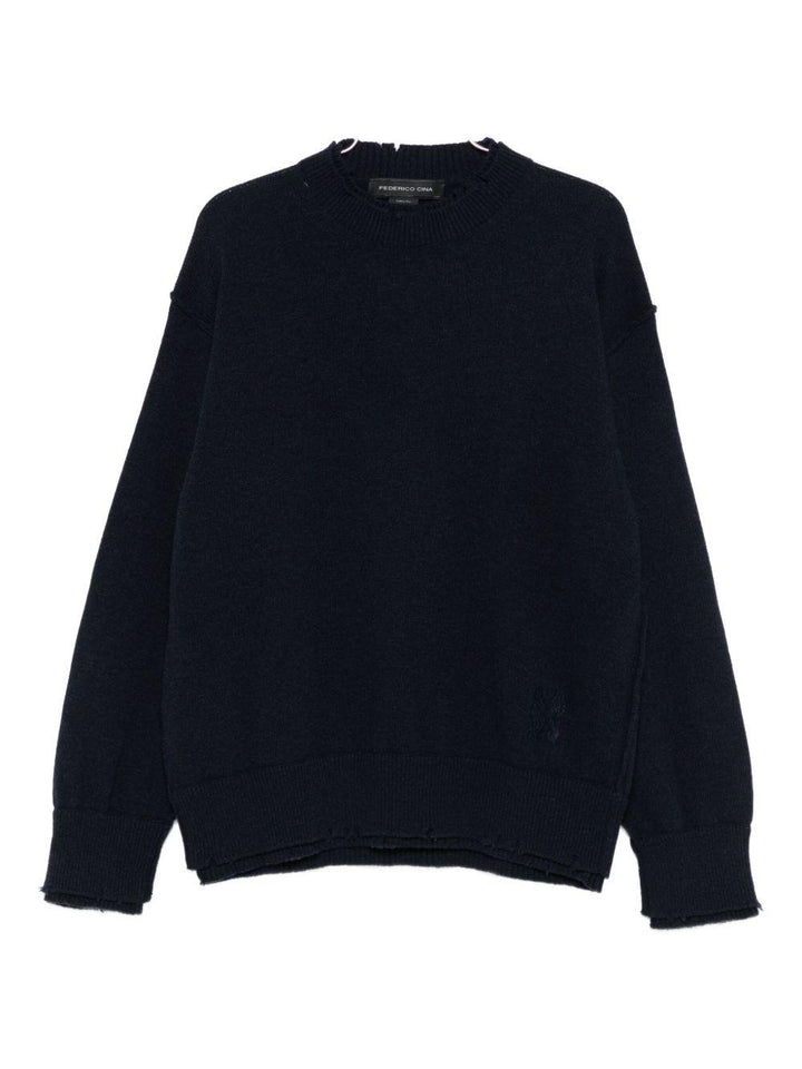 Maglione blu girocollo effetto vissuto 