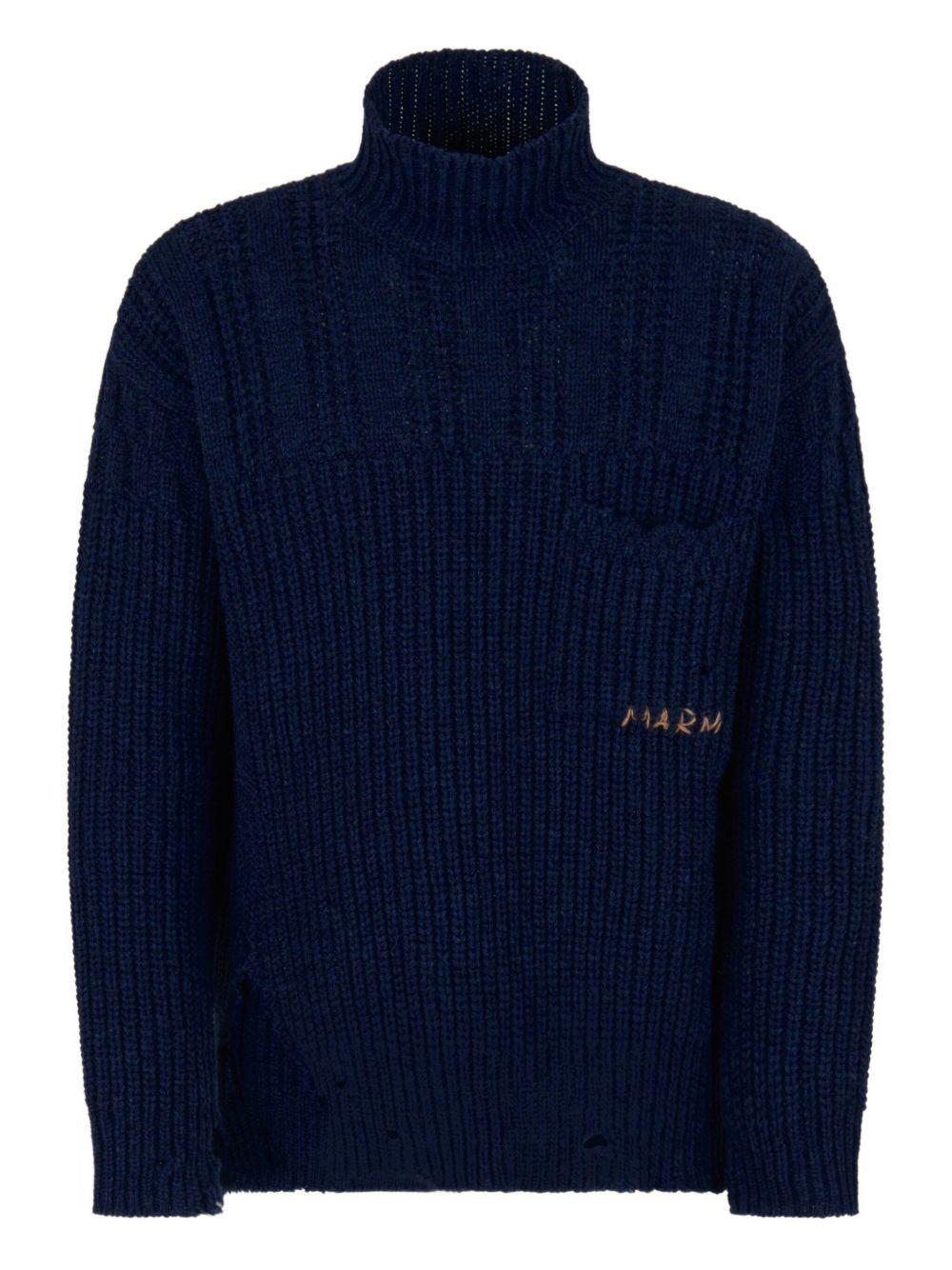 Maglione blu navy a coste con collo alto 