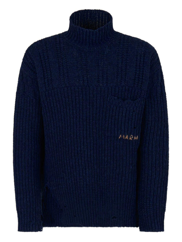 Maglione blu navy a coste con collo alto 