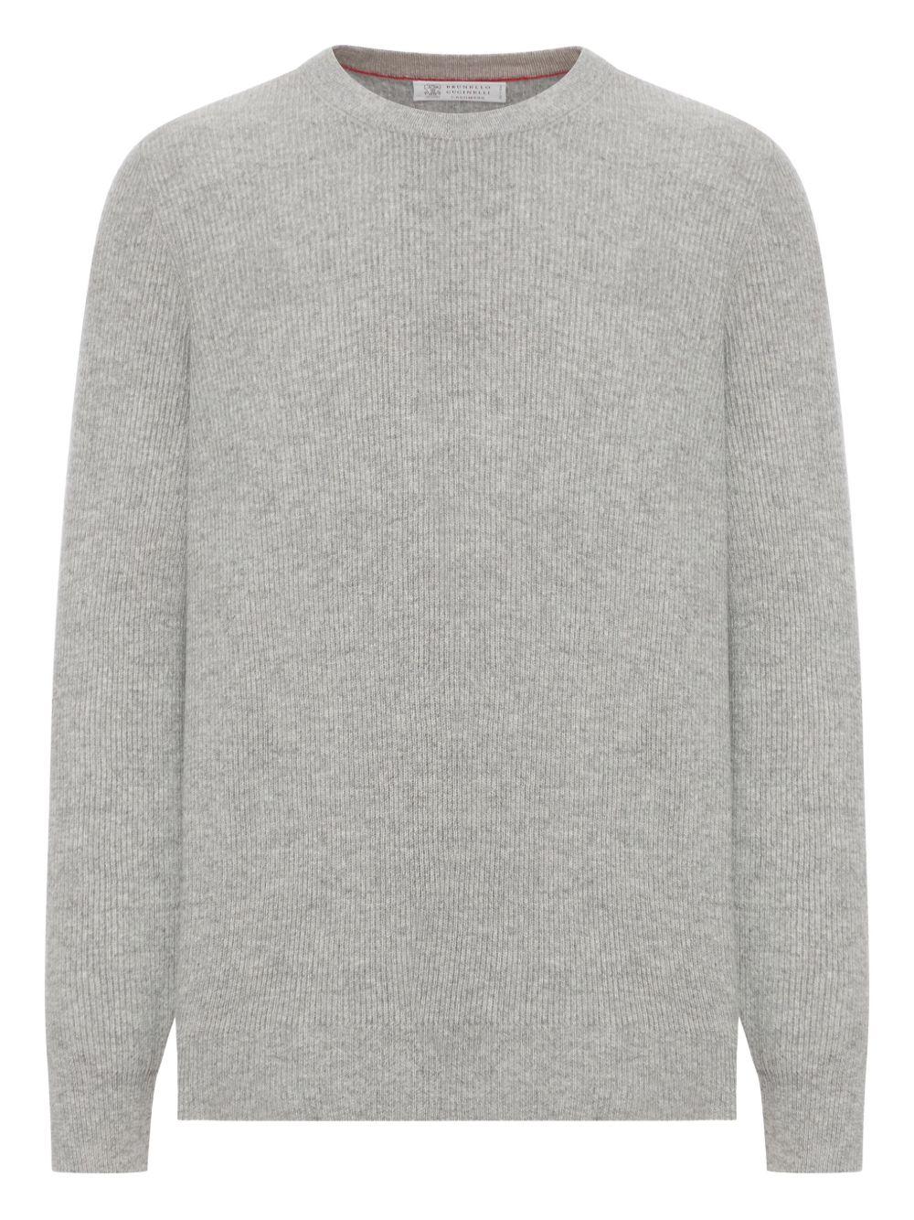 Maglione grigio girocollo a coste in cashmere 