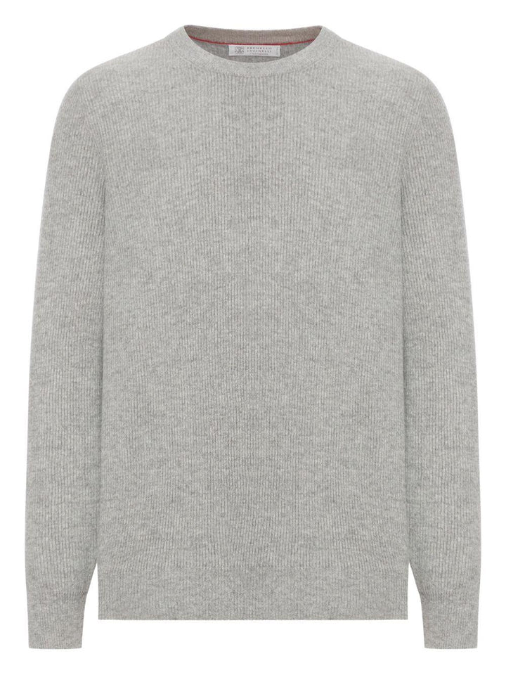 Maglione grigio girocollo a coste in cashmere 