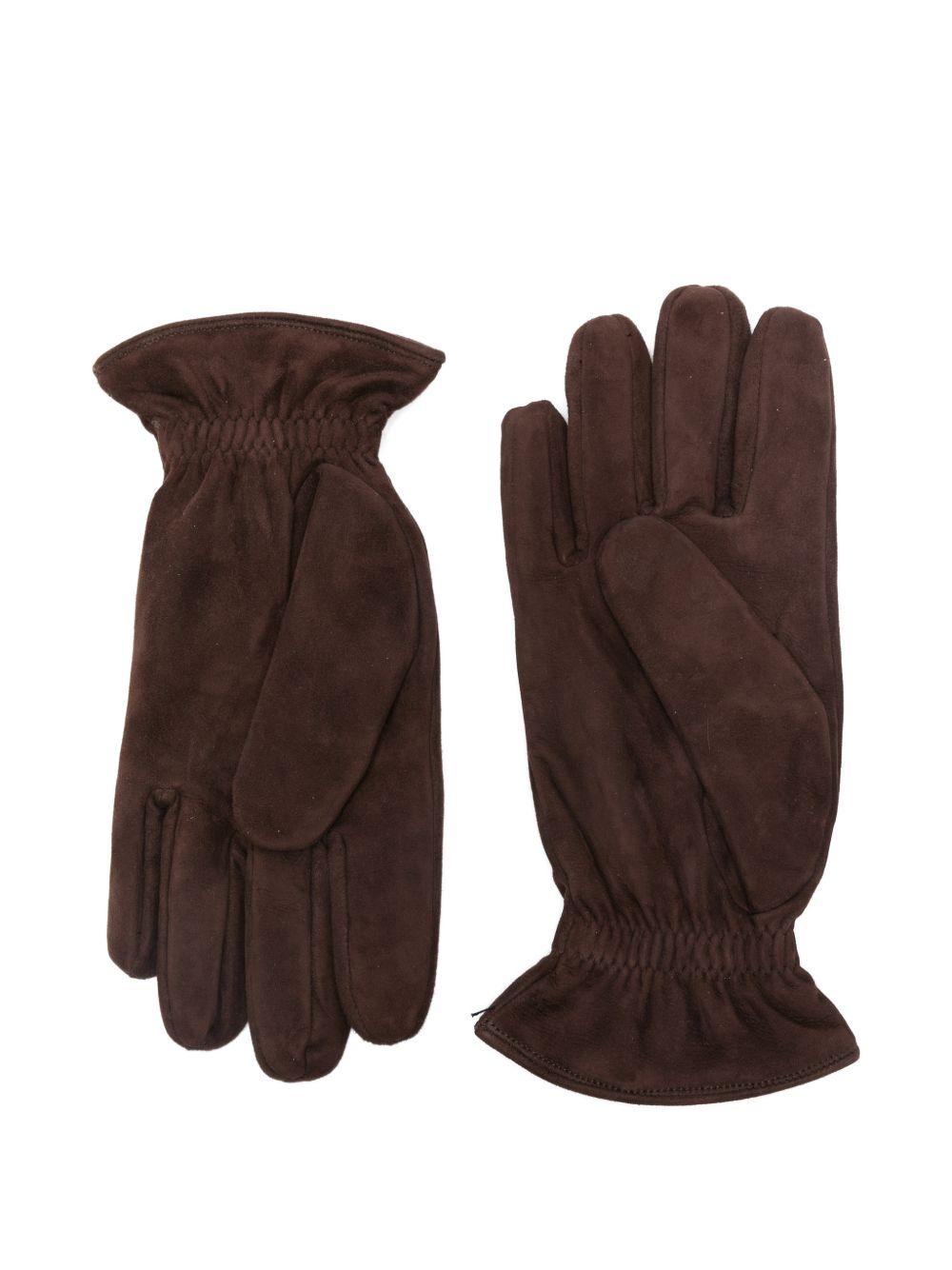 Guanti con ruches in suede marrone 