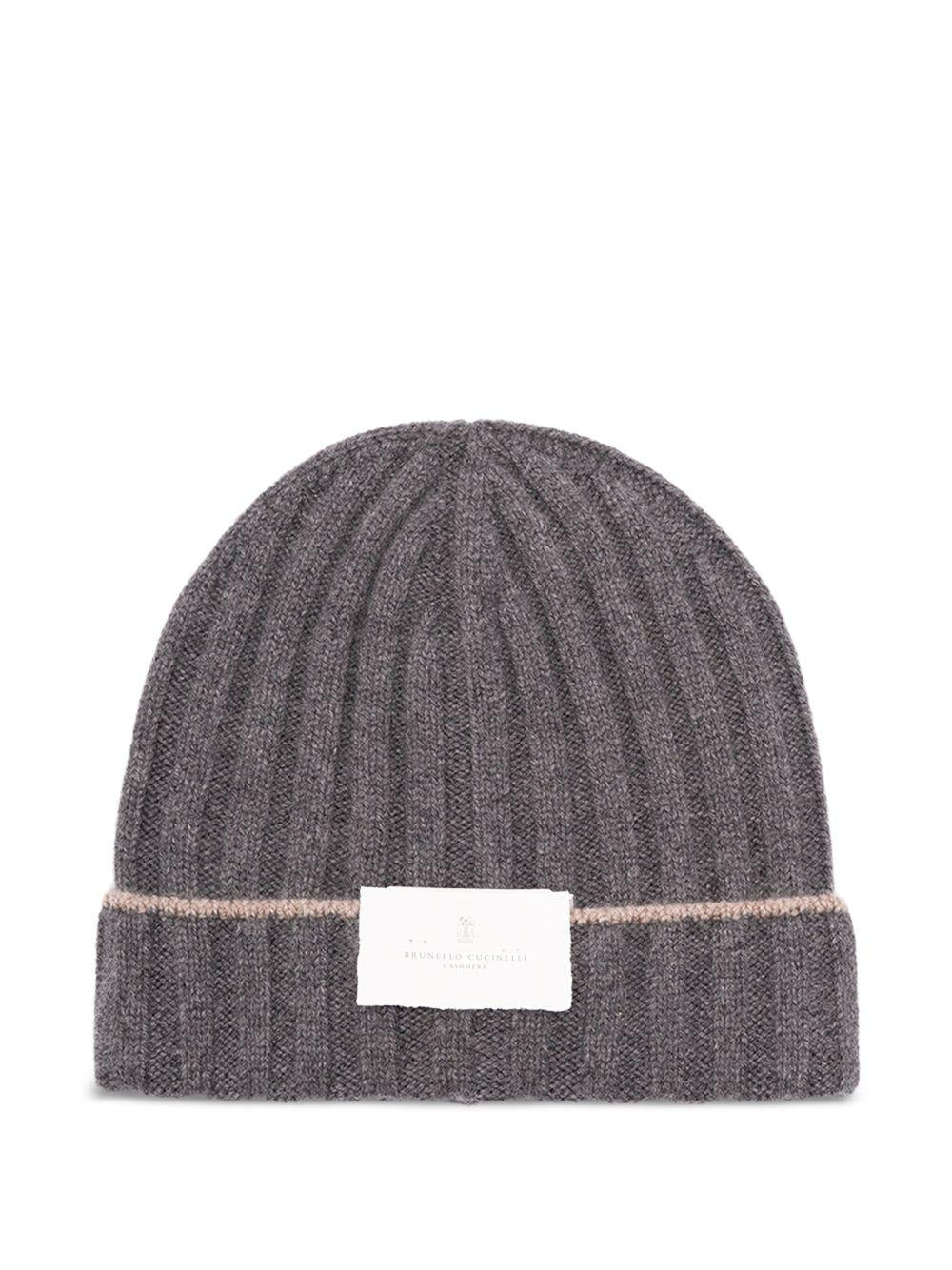 Berretto grigio a coste in cashmere chunky 