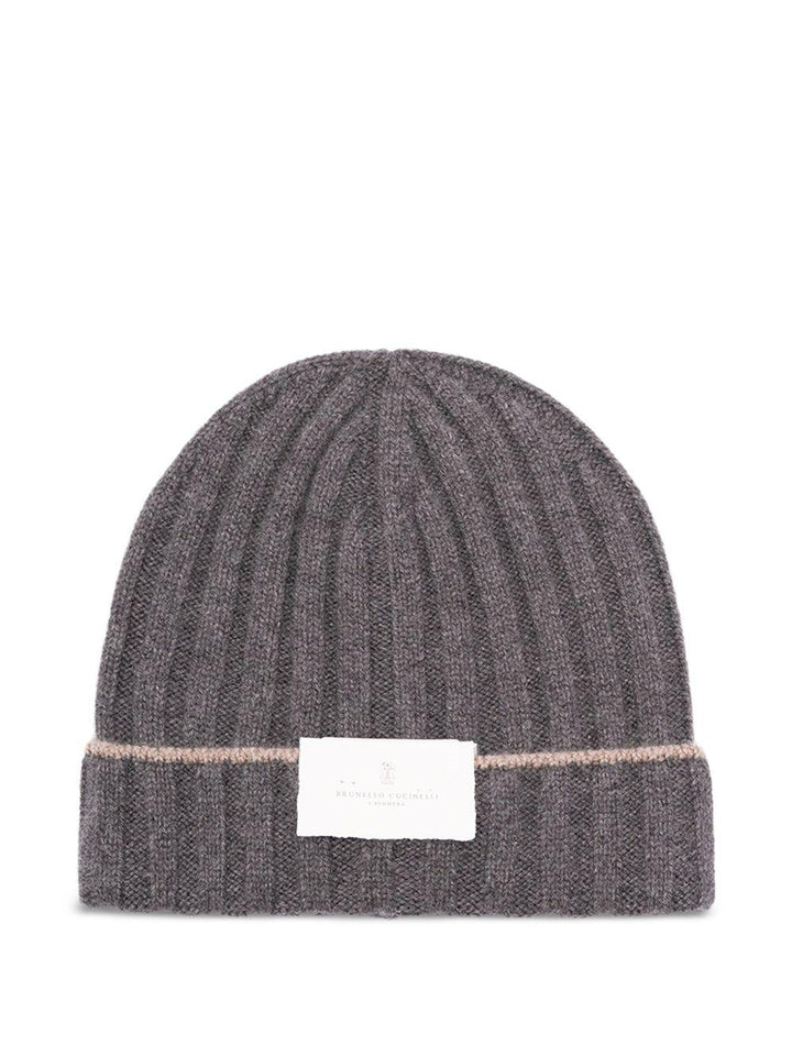Berretto grigio a coste in cashmere chunky 