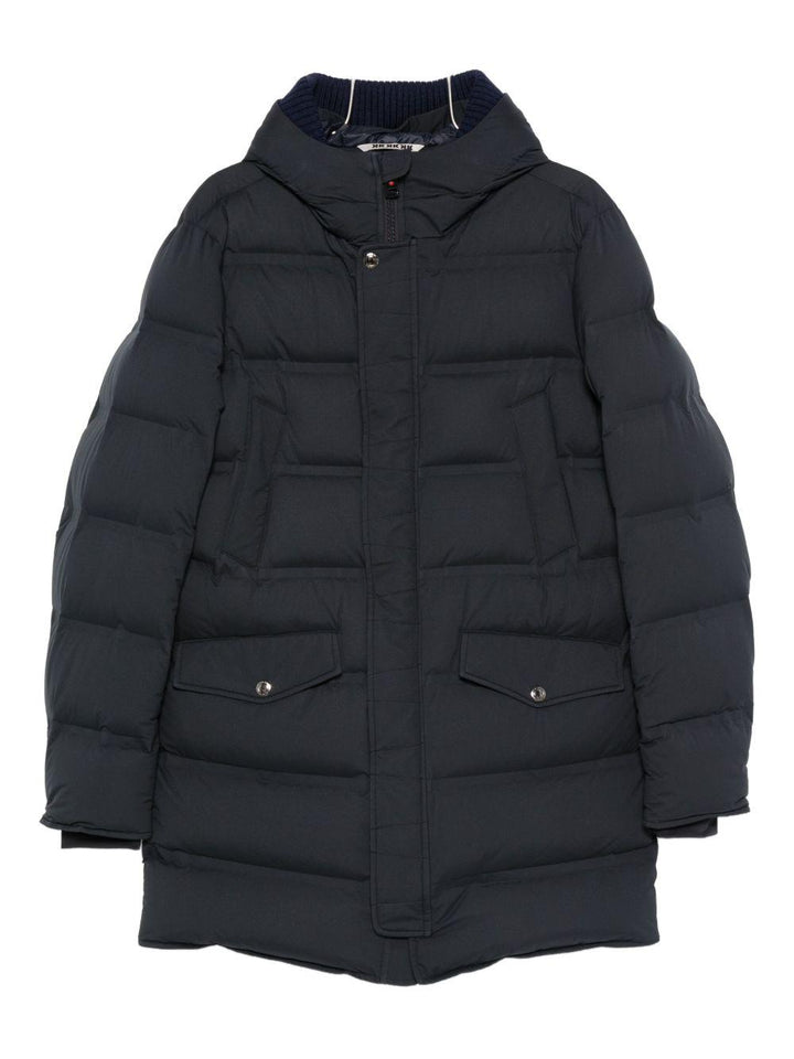 Cappotto imbottito blu con cappuccio 