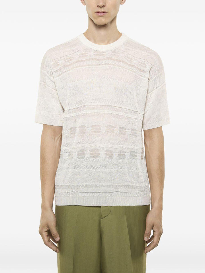 T-shirt panna in maglia con trasparenze 