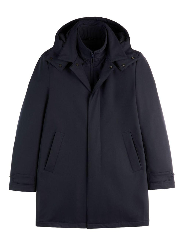 Cappotto blu navy con cappuccio 