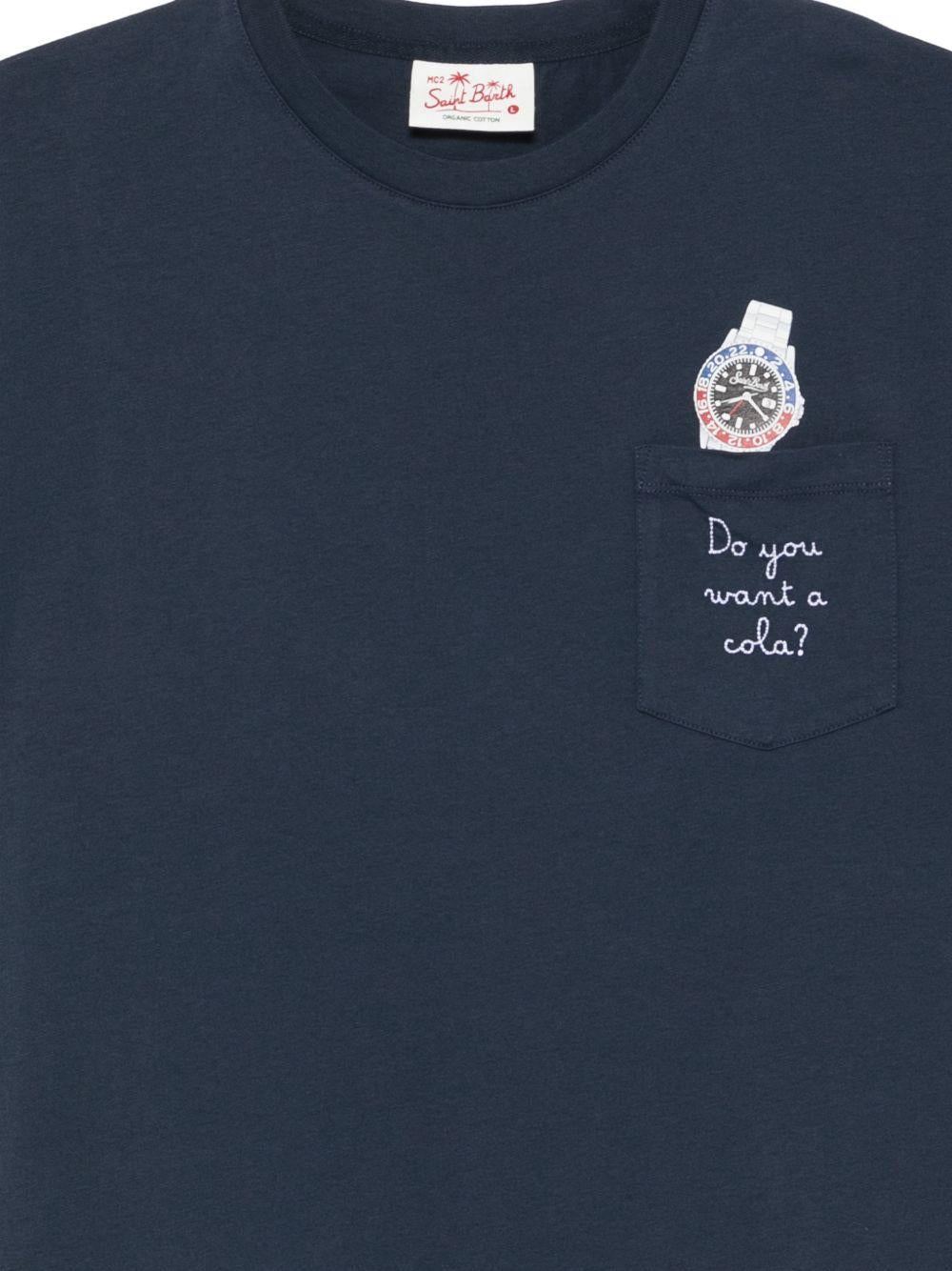 T-shirt blu con taschino sul petto e ricamo 