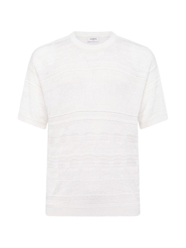 T-shirt panna in maglia con trasparenze 