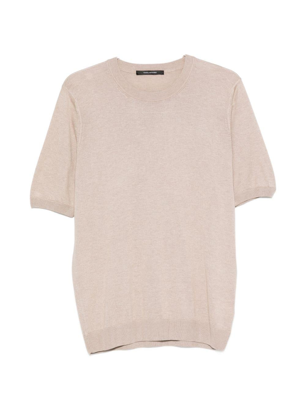 T-shirt blu in seta con finiture a coste 