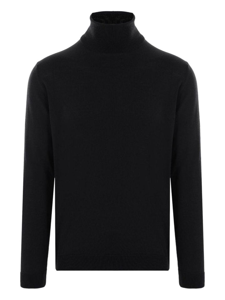 Maglione nero a collo alto in lana merino 