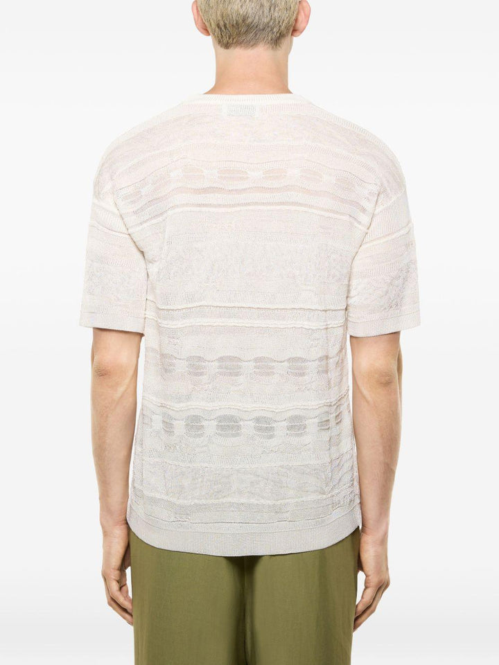 T-shirt panna in maglia con trasparenze 