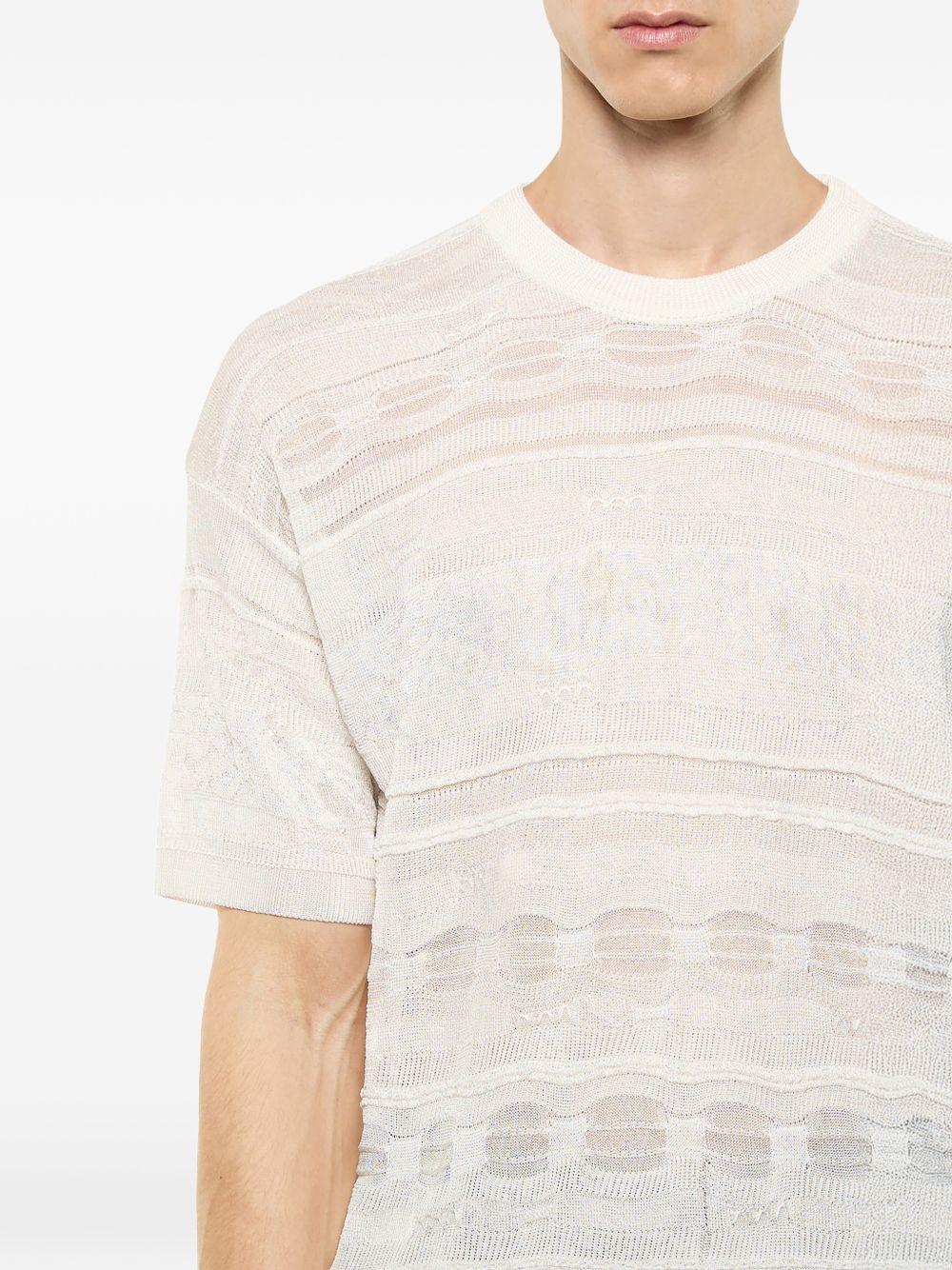 T-shirt panna in maglia con trasparenze 