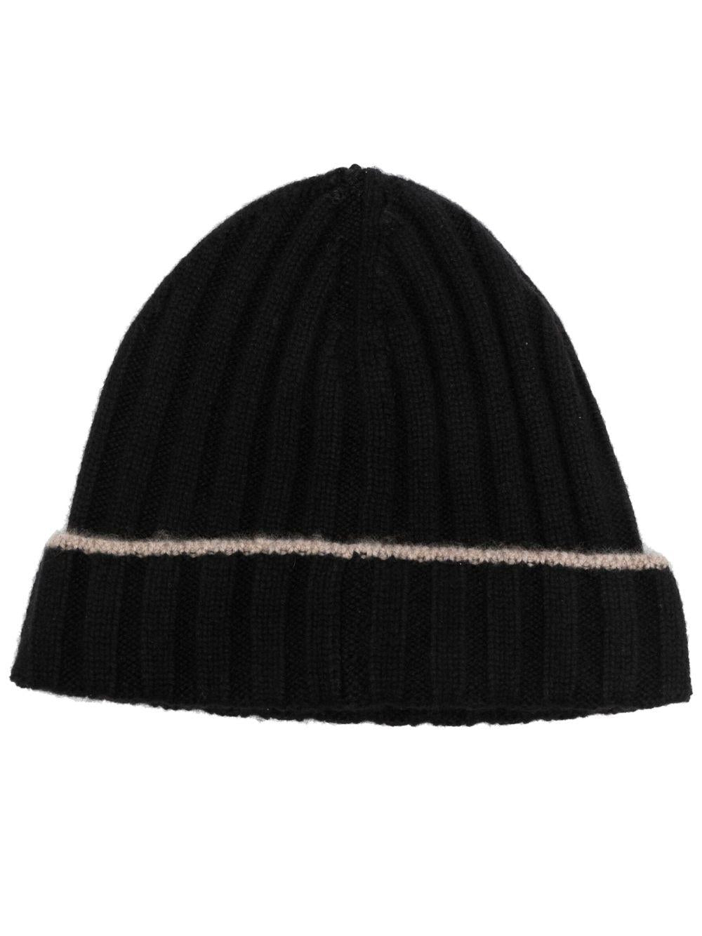 Berretto nero a coste in cashmere chunky 
