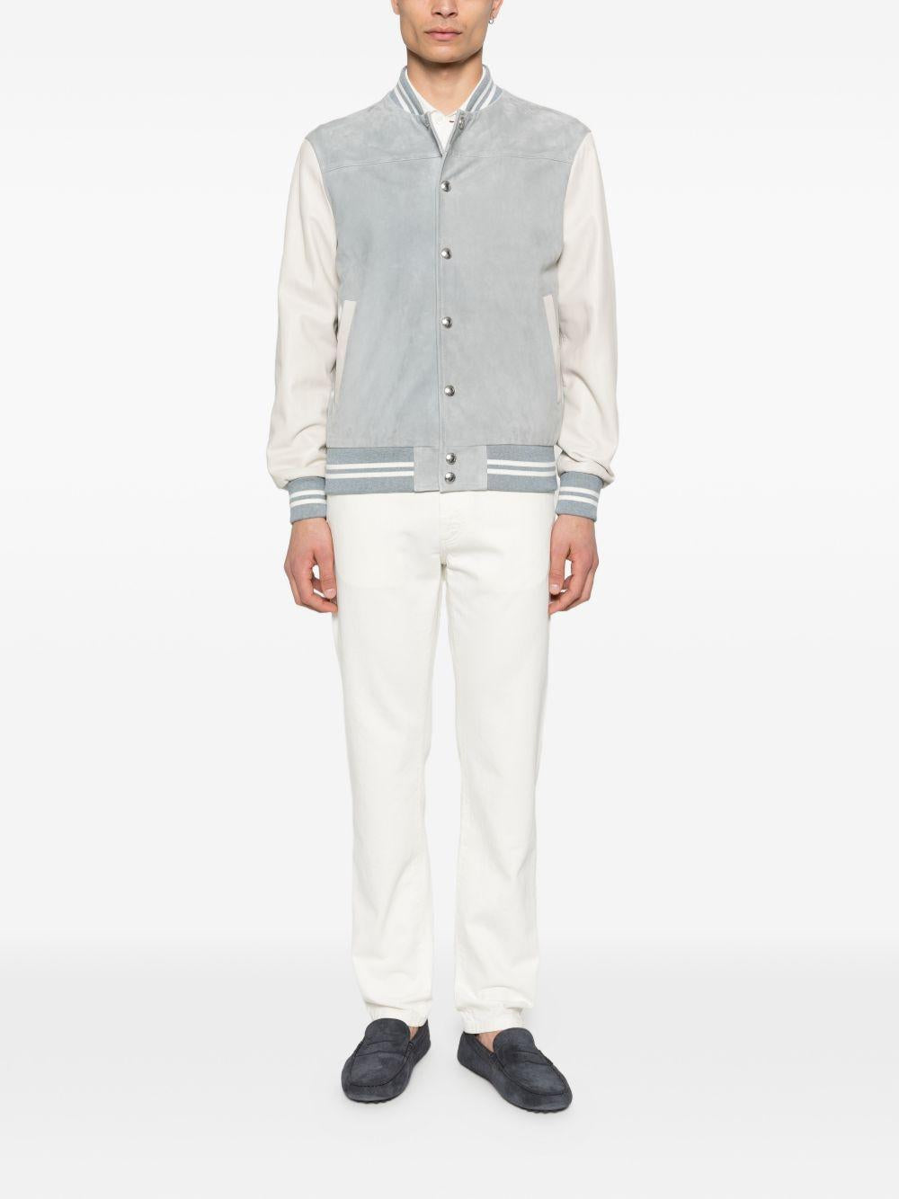 Bomber bimaterico denim/avorio a righe con inserti 