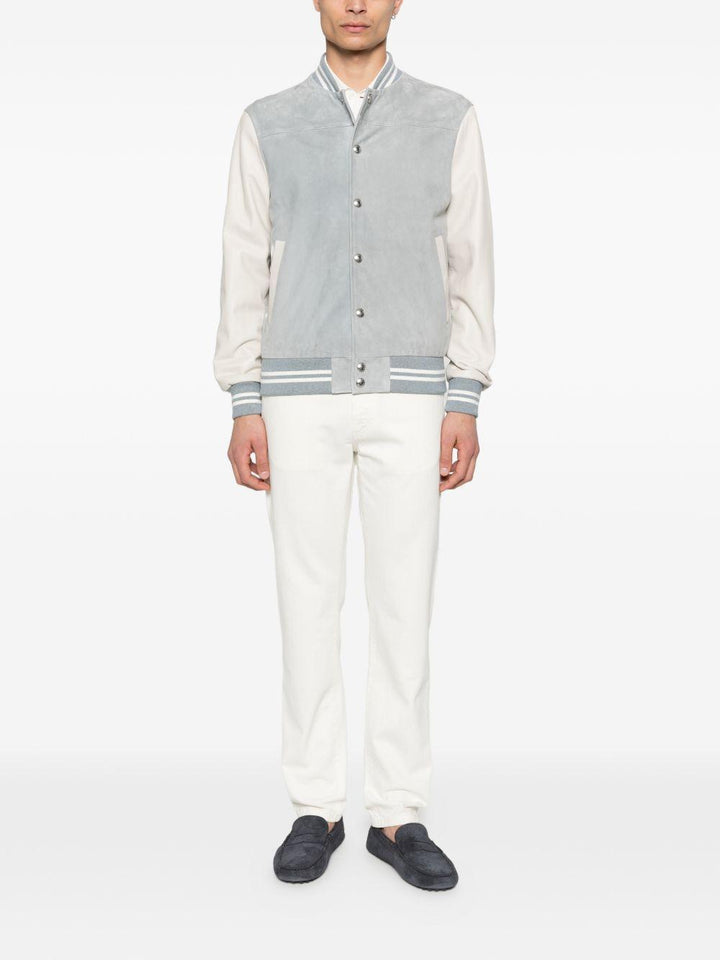 Bomber bimaterico denim/avorio a righe con inserti 