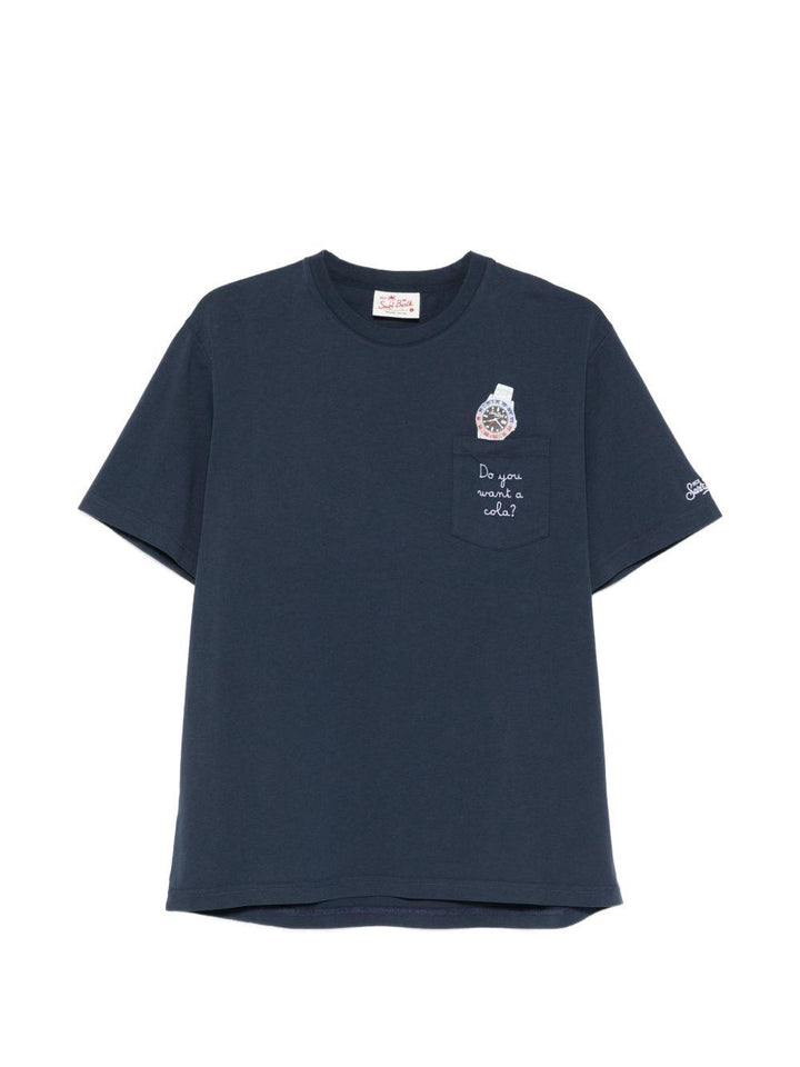 T-shirt blu con taschino sul petto e ricamo 
