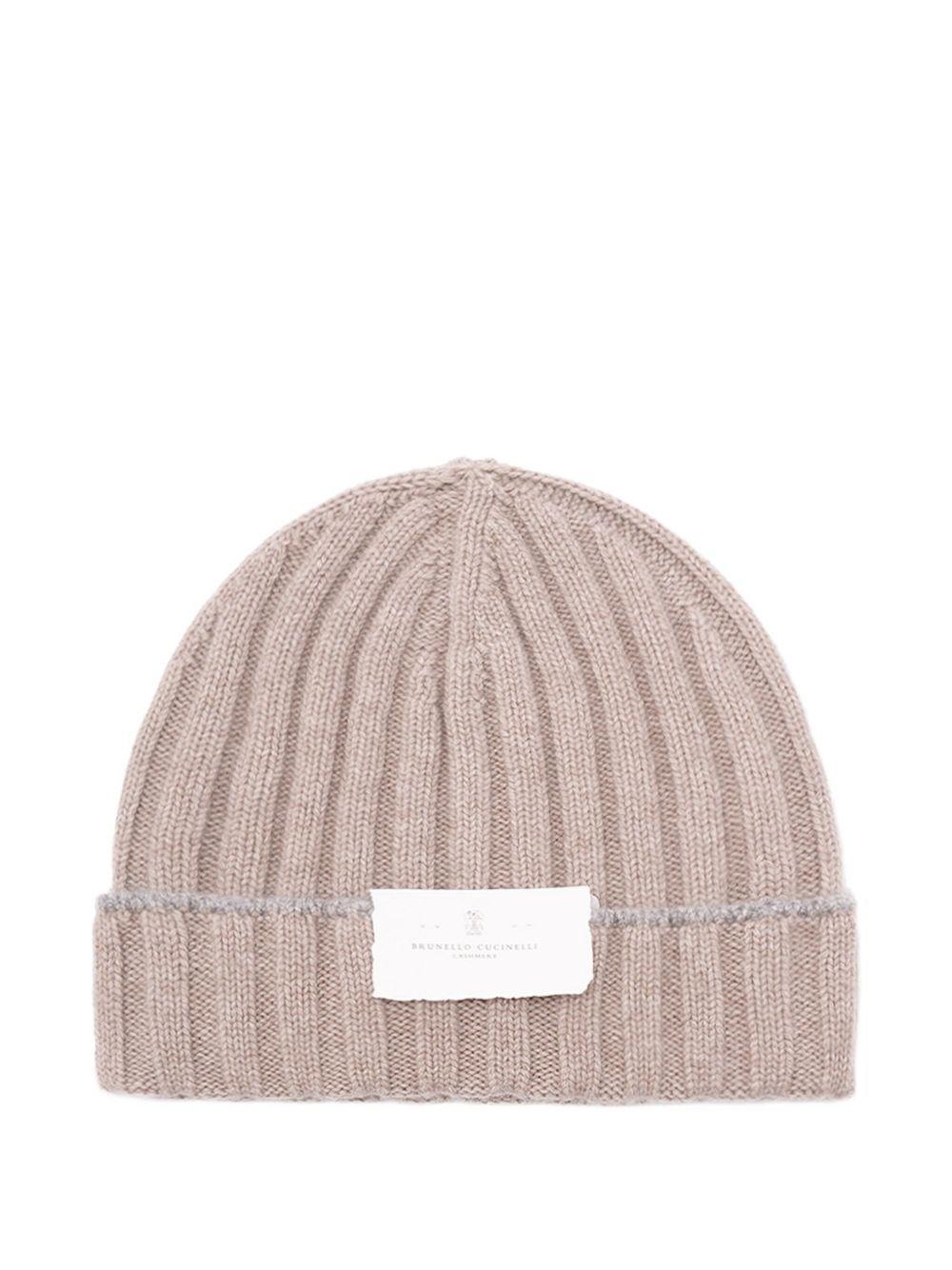 Berretto beige a coste in cashmere chunky 