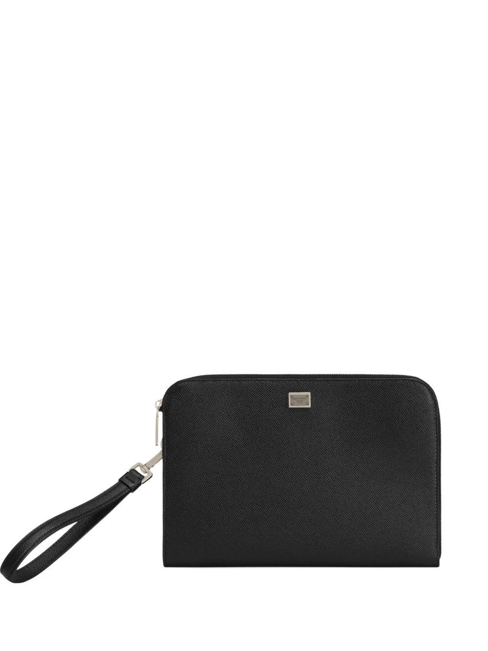 Clutch nera in pelle con zip e logo 