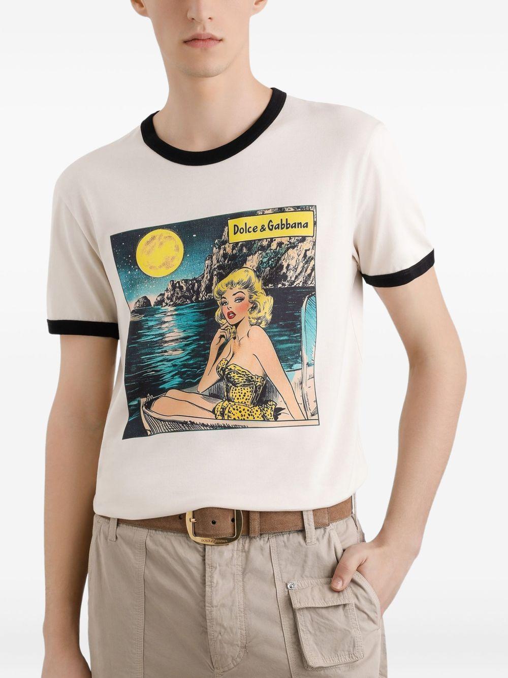 T-shirt bianca con grafica e orlo nero 