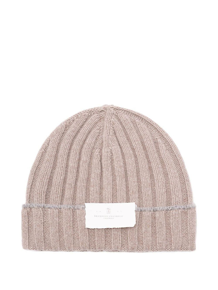 Berretto beige a coste in cashmere chunky 