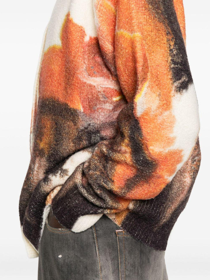 Cardigan bianco con stampa grafica e chiusura a bottoni 