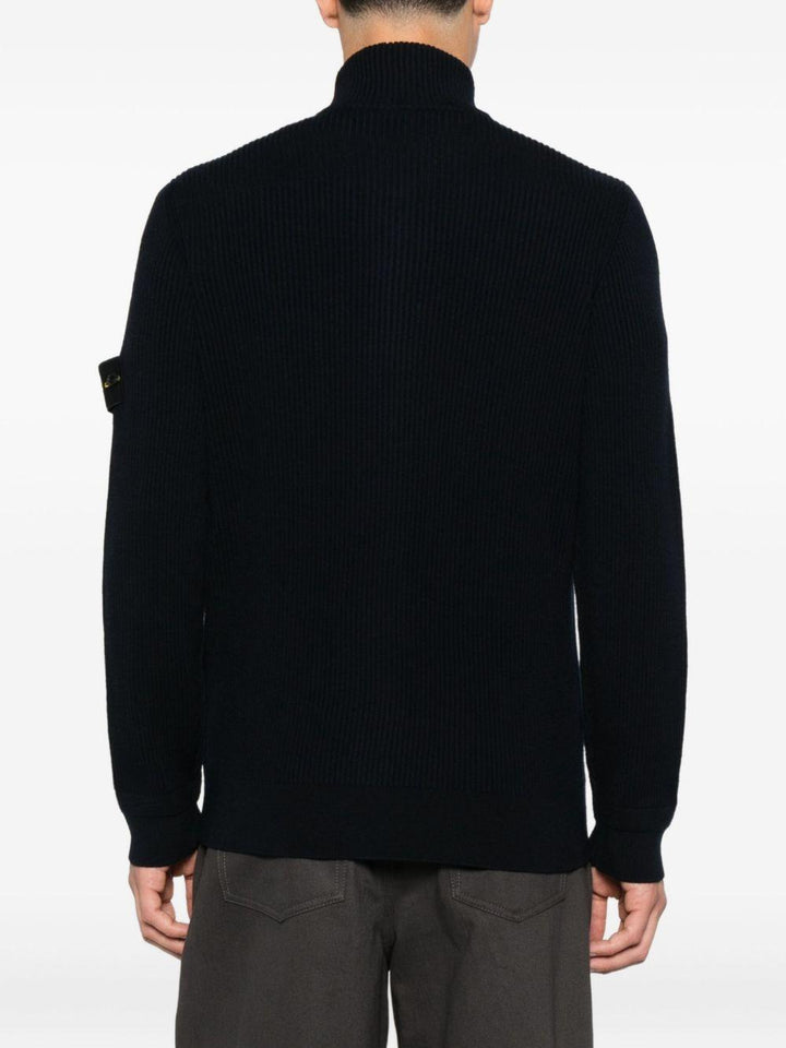 Cardigan blu scuro a coste con zip e collo alto 
