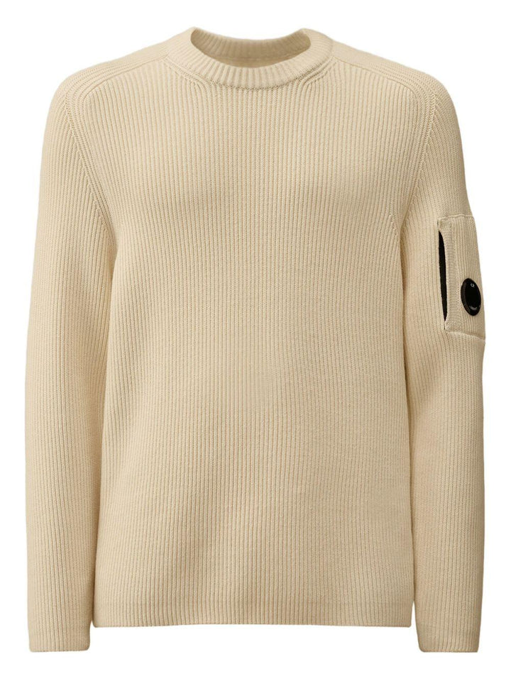 Maglione bianco crema a coste con motivo Lens 