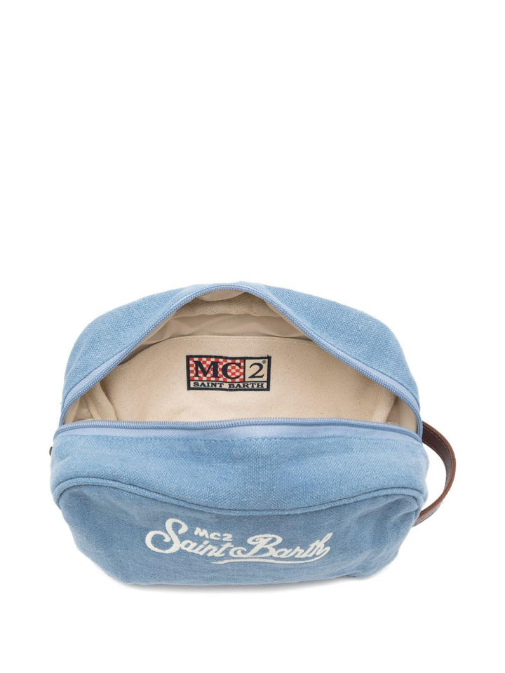 Pouch denim in lino con ricamo logo e chiusura a zip 