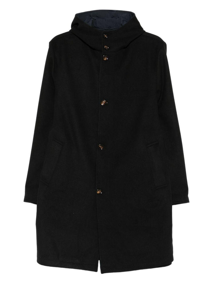 Cappotto nero monopetto con cappuccio 