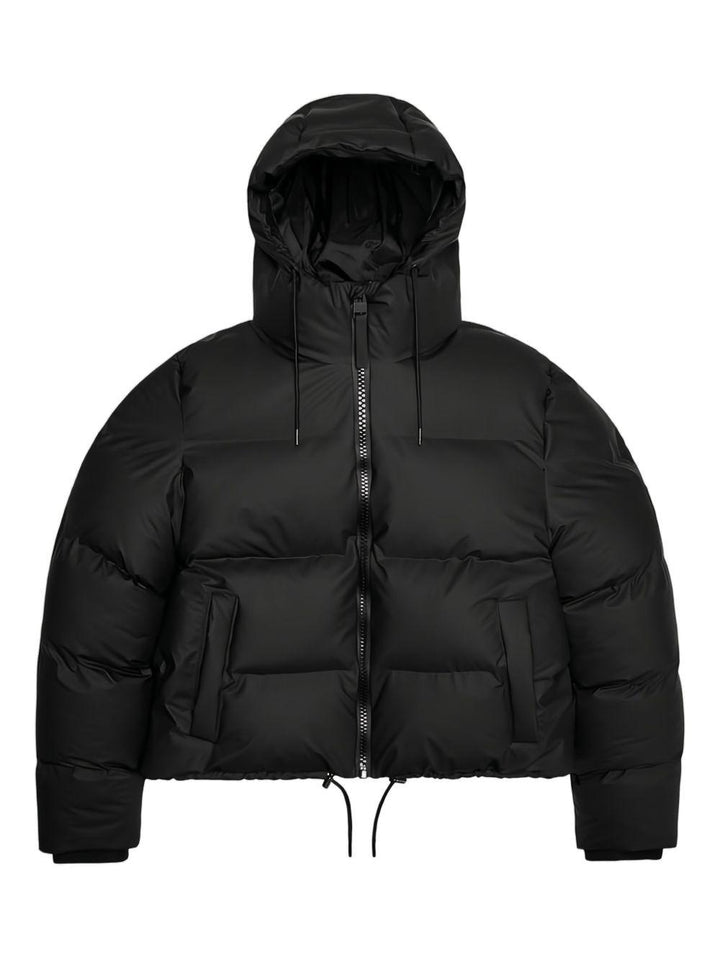 Cappotto imbottito crop nero con cappuccio 