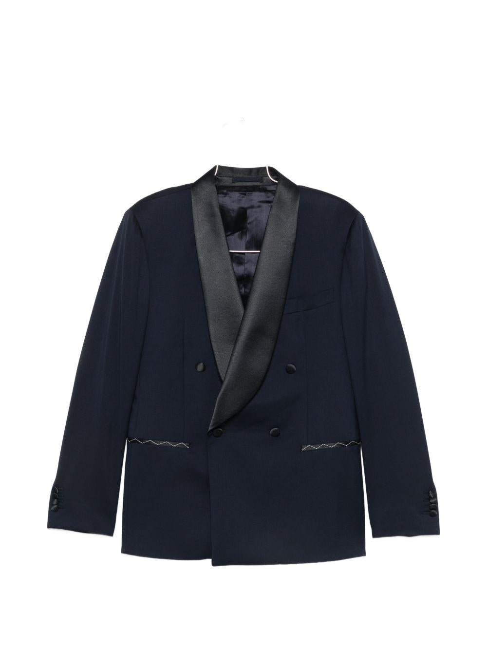 Smoking doppiopetto con profili in satin blu navy 