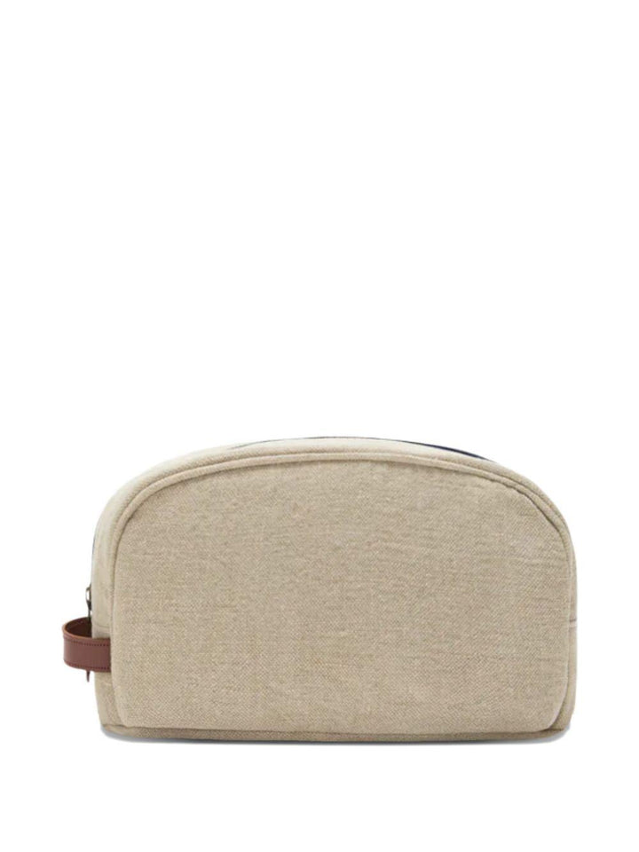 Pouch beige in lino con ricamo logo e chiusura a zip 